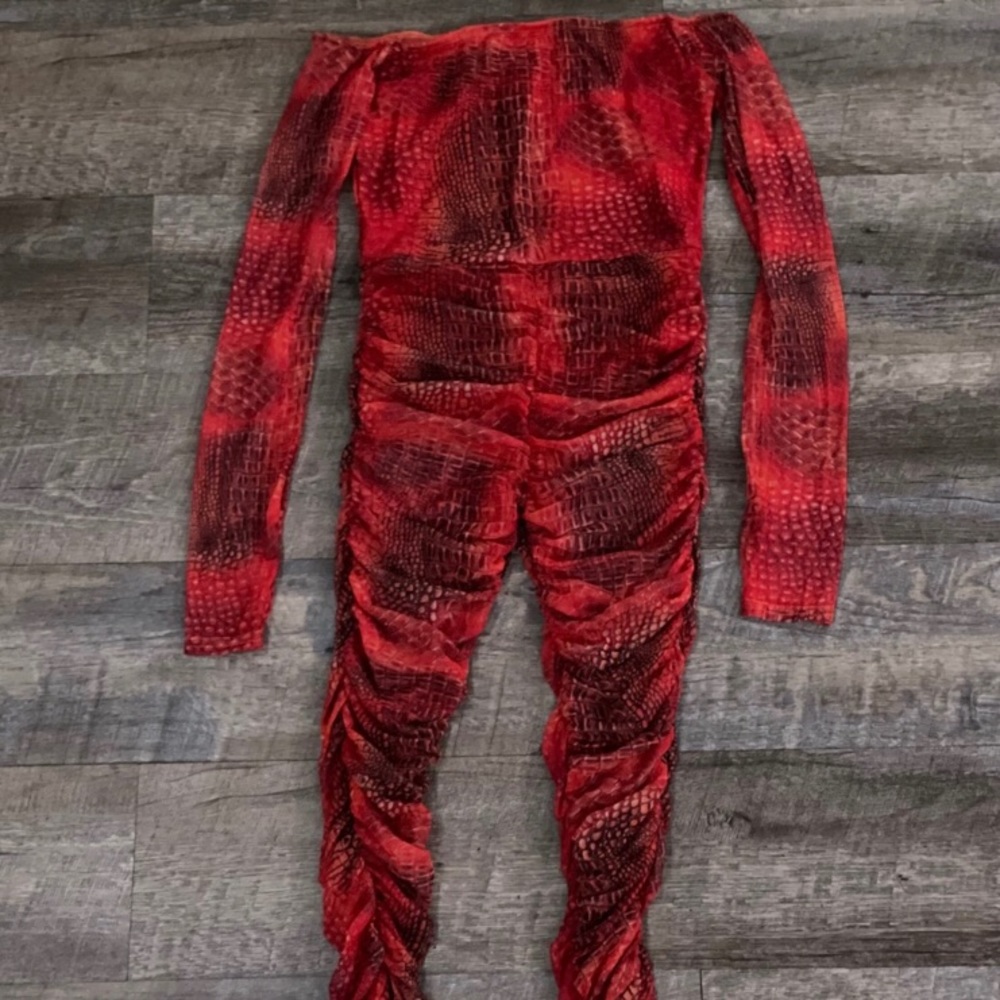 SOLD |PLT Croc Mesh Bardot Ruched Jumpsuit - Picture 2 of 4